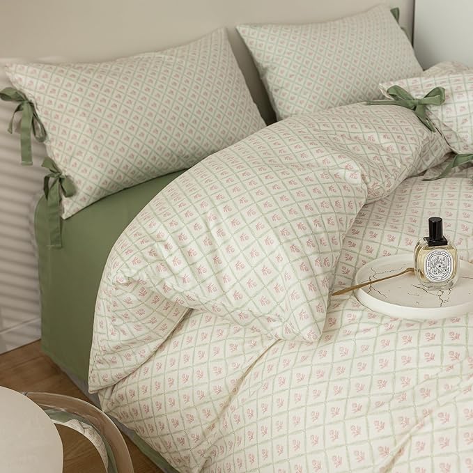 Pink Flower Duvet Cover Queen Green Plaid Grid Duvet Cover 100% Cotton Floral Cottagecore Bedding Set Queen with 2 Bow Ties Pillowcases Vintage Aesthetic Girls Comforter Cover with Zipper Closure