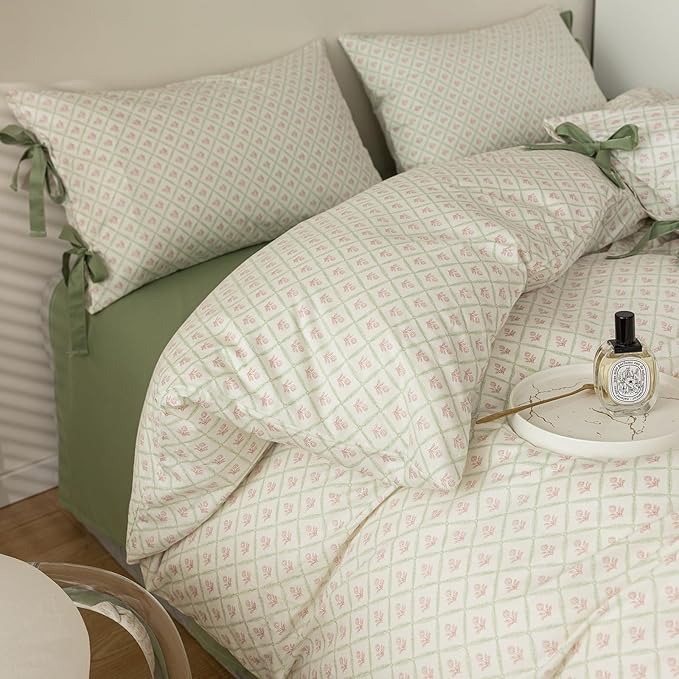 Pink Floral Duvet Cover Twin XL Chic Plaid Grid Duvet Cover with 2 Bowknot Pillowcases Vintage Boho Floral Bedding Set Aesthetic Cute Flower Comforter Cover Soft Cotton Girls Cottagecore Bedding Set