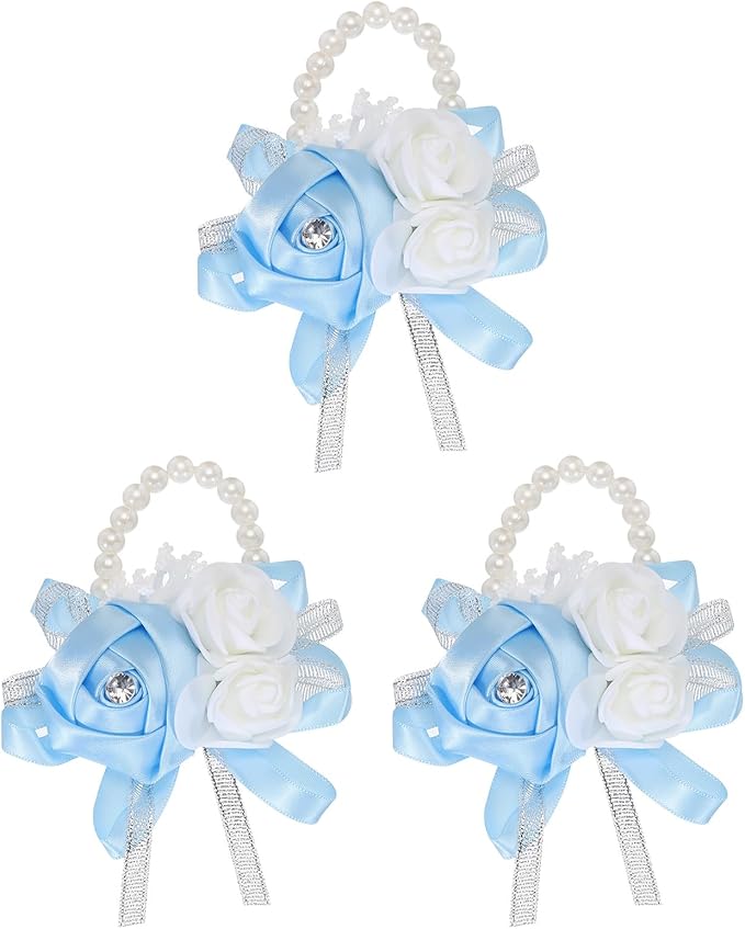 MECCANIXITY 3Pcs Wrist Corsage Artificial Flower Bracelets Rose Wrist Bride Groom Decorative for Wedding Ceremony Prom Party Anniversary Sky Blue