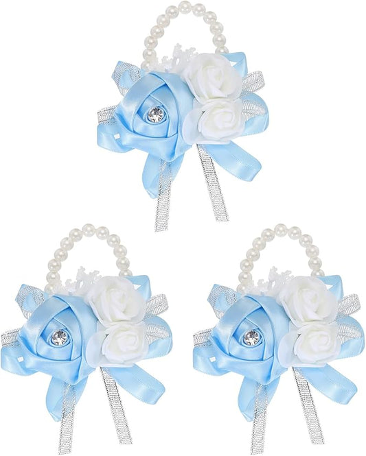 MECCANIXITY 3Pcs Wrist Corsage Artificial Flower Bracelets Rose Wrist Bride Groom Decorative for Wedding Ceremony Prom Party Anniversary Sky Blue