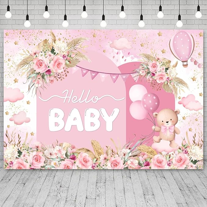 10x8ft Hello Baby Backdrop Pink Gold Boho Floral Bear Baby Shower Photography Background Balloon Stars Clouds Banner Decorations Welcome Newborn Celebration Party Portrait Photo Booth Prop