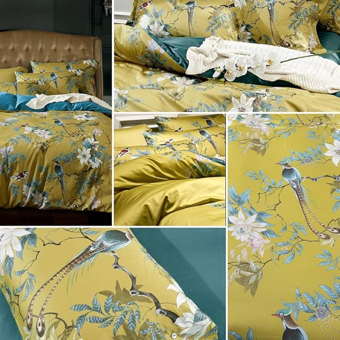 Garden Style Bird Duvet Cover Twin XL Vintage Boho Floral Duvet Cover Cotton Flowers Comforter Cover on Gold Yellow Bedding Set Farmhouse Floral Bedding Comforter Cover with 2 Pillowcases Twin XL Size