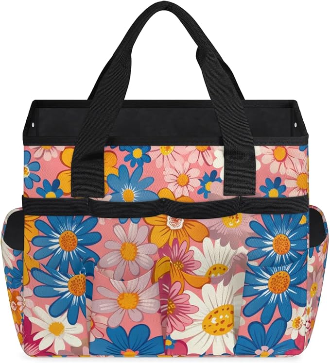 Garden Tool Bag Organizer Garden Tote Bag with Pockets Small Print Flowers Tool Storage Organizer Gardening Tool Kit Holder 13" x 6.8" x 2.8"