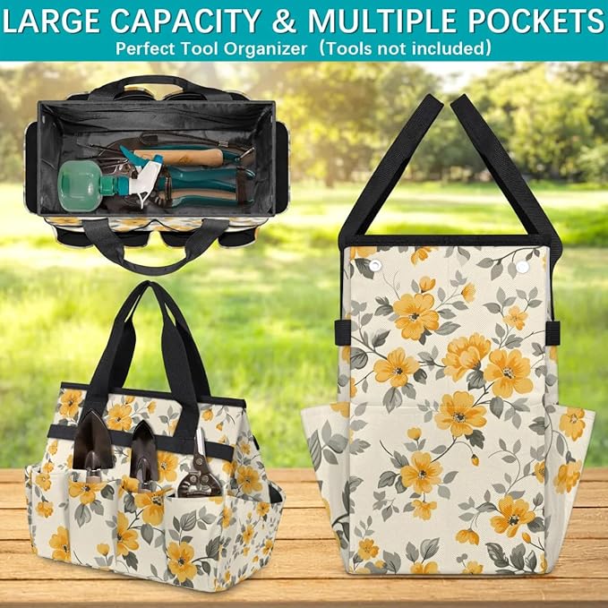 Garden Tool Bag Organizer Garden Tote Bag with Pockets Patterned Floral Print Tool Storage Organizer Gardening Tool Kit Holder 13" x 6.8" x 2.8"
