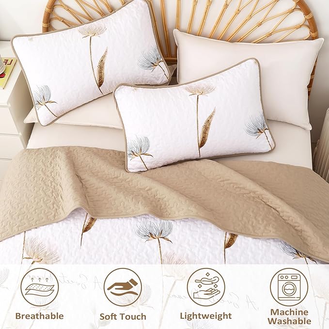 Dinjoy King Size Quilt Set Floral,3 Pieces Khaki/Beige Farmhouse Quilts Lightweight Fall Bedspreads Flower Pattern Coverlet Bed Set White Boho King Quilt Bedding Sets for All Season(110"x90")