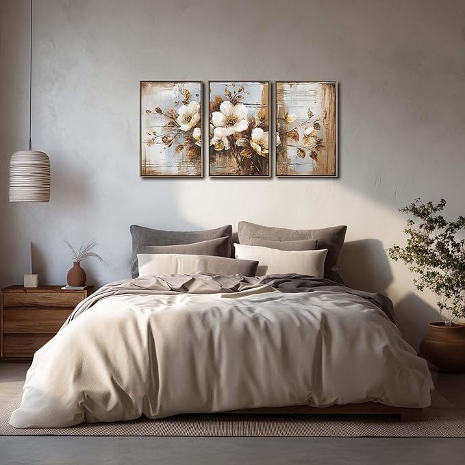 YCJKJDZ Framed Dark Floral Canvas Wall Art Set of 3, Neutral Fall Plant Bohemian Vintage Moody Flower Wall Decor Artwork for Farmhouse Bedroom Living Room Office, 16x24 inches