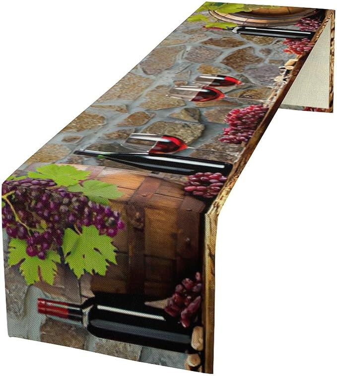 Red Wine Table Runner Wine Grape Alcohol Fruit Vintage Barrel Dinner Runner for Farmhouse Cabin Home Kitchen Dining Holiday Wedding Party Dining Decor 13x70in