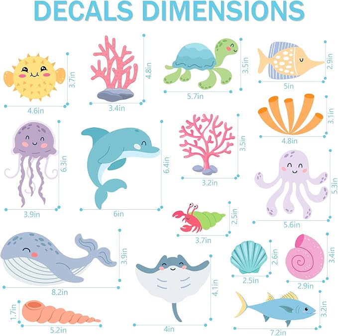 AOWDIAO 58 Pcs Ocean Animals Wall Decals - Peel and Stick Under The Sea Kids’ Room & Nursery Decor