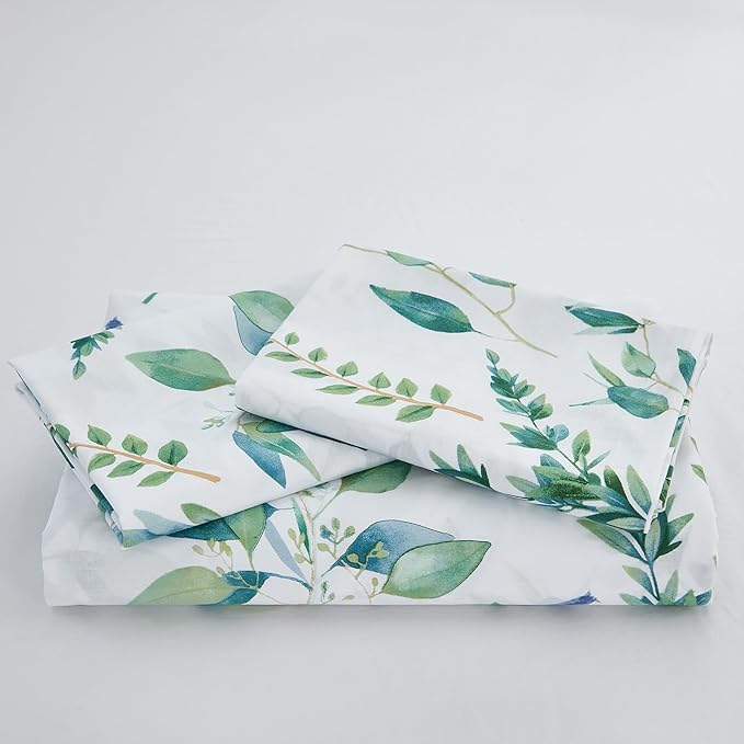 Botanical 100% Cotton Duvet Cover Queen Size - 3Pcs Mint Green Printed with Sage & Emerald Leaves on White,Reversible Lightweight and Soft Bedding Sets