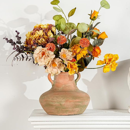 Sungmor Rustic Ceramic Flower Vase with Handles, Decorative Pottery Vase 7 Inch Terracotta Plant Pots, Cement Textured Vases Home Decor, Indoor Fresh Flowers Planter, Dried Flower Arrangements