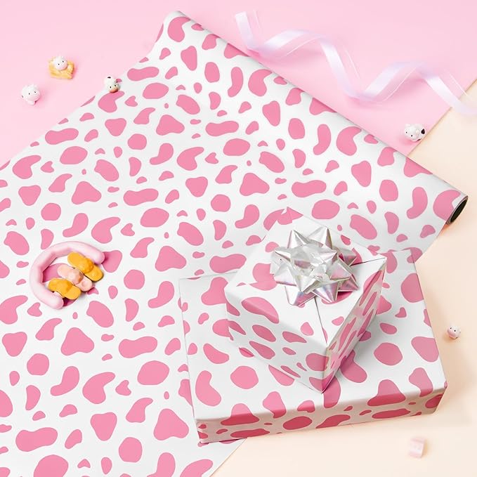WERNNSAI Pink Cow Wrapping Paper Roll - 1 Roll 17”x 16.4ft Cow Print Gift Wrap Paper Farm Animal Gift Packing Roll for Kids Girls Baby Shower Birthday
