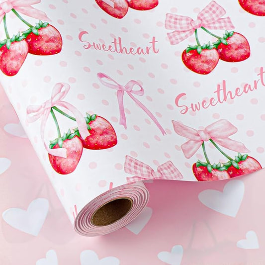 HOMERAL Pink Strawberry Wrapping Paper Roll - 17In x 32.8Ft Reversible Gift Wrap, Strawberry with Cherry-Stem and Bowknot for Girls Birthday, Wedding, Valentine’s Day, Baby Shower, Bridal Shower, Holiday, DIY Crafts