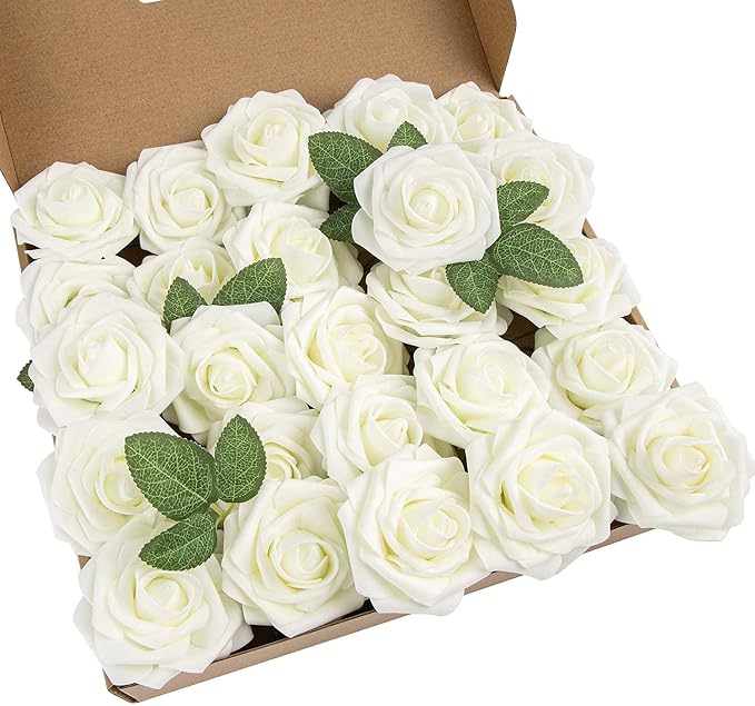 25pcs Artificial Flower Foam Rose Real Touch Roses Flower Heads with Stem for DIY Wedding Bouquets Centerpieces Arrangements Party Baby Shower Home Decor (Ivory)