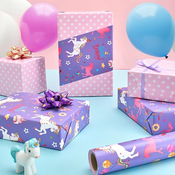 WERNNSAI Unicorn Princess Birthday Wrapping Paper Roll - 1 Roll 17”x 9.84 ft Purple Unicorn Wrapping Paper for Girls Princess Theme Birthday Gift Packing Supply Baby Shower Decor Favor