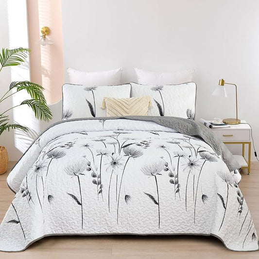 Dinjoy King Size Quilt Set Floral,3 Pieces Grey & White Quilts Coverlet Set Flower Bedspreads Bed Cover Lightweight Fall Quilt Gray Boho Farmhouse Bedding Sets for Bed (110"x90")