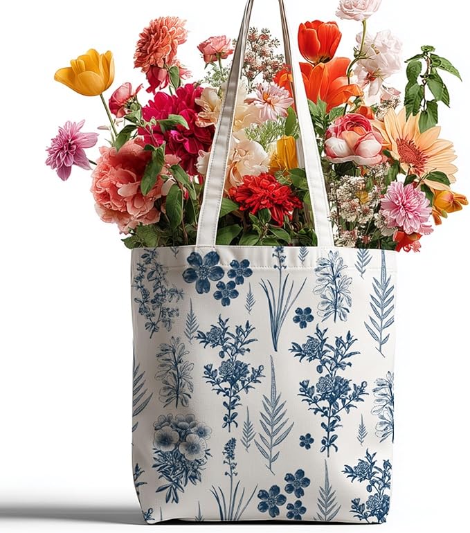 ANATTASOUL Canvas Tote Bag Blue Flower and Leaf Reusable Cotton Bag for Women, Durable Cloth Shoulder Bags with Zipper Pockets for Shopping, Vacation, Work, Gym
