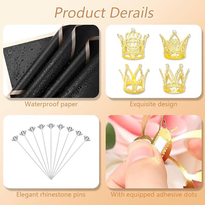 Bouquet Wrapping Paper Kits, 60Sheets Waterproof Flower Wrapping Paper, Floral Wrapping Paper Bouquet in Black Pink Beige With Ribbons, Flower Pins, 3D Butterflies & Crowns for Florist Wrap (HUA-H1)