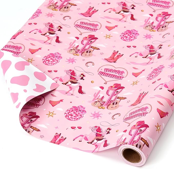 WERNNSAI Pink Cowgirl Wrapping Paper Roll - 1 Roll 17”x 16.4ft Western Gift Wrapping Paper Wild West Girl Gift Packing Favor for Kids Girls Birthday Party Reversible Cow Pattern Design