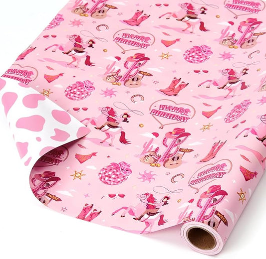 WERNNSAI Pink Cowgirl Wrapping Paper Roll - 1 Roll 17”x 16.4ft Western Gift Wrapping Paper Wild West Girl Gift Packing Favor for Kids Girls Birthday Party Reversible Cow Pattern Design
