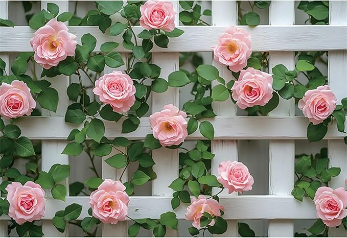 Baocicco 8x6.5ft Flowers Fence Backdrop Photography Pink Rose Green Leaves White Spring Floral Farmhouse Background for Bridal Shower Wedding Birthday Party Backdrops Decoration Photo Props Photoshoot