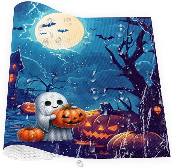 Halloween Cute Ghosts Pumpkin Placemats Set of 4 PVC Vinyl Non Slip Table Mats Heat Resistant Place Mats Washable Wipeable Dining Table Mat for Kitchen Decor Party Indoor Outdoor Decorative Gift