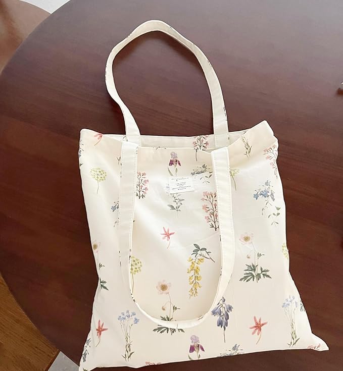 Cotton Canvas Tote Bag Reusable Soft Grocery Cloth Bag Floral Shoulder Bag for Beach Travel Shopping