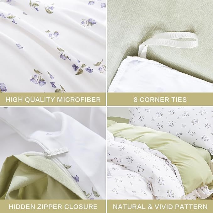 SAPHREAS Queen Duvet Covers White Cute Floral Bedding Set with 8 Corner Ties and 2 Pillow Shams Microfiber Reversible Duvet Cover Set with Zipper Closure?Green