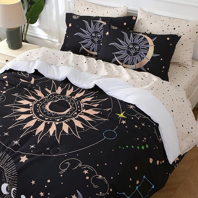7 Piece Sun and Moon Comforter Set Bed in a Bag Queen Size - Boho Celestial Constellations Bedding for Girls Women - Black Gold - Lightweight Comforter with Sheets and Pillowcases