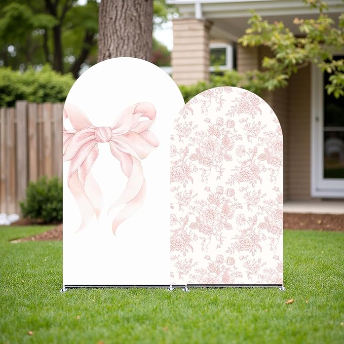 2Pcs Toile de Jouy Pink Bow and Floral Arch Backdrop Covers, Romantic French Style Spandex Arch Covers for Baby Shower, Girl Birthday, Wedding Party Decorations (7.2ft,6ft)