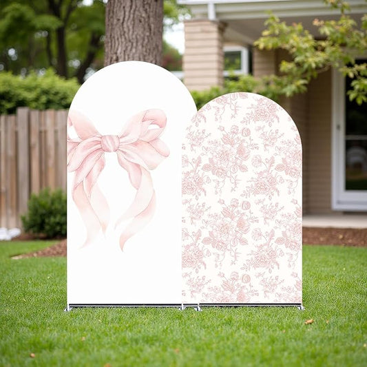 2Pcs Toile de Jouy Pink Bow and Floral Arch Backdrop Covers, Romantic French Style Spandex Arch Covers for Baby Shower, Girl Birthday, Wedding Party Decorations (7.2ft,6ft)