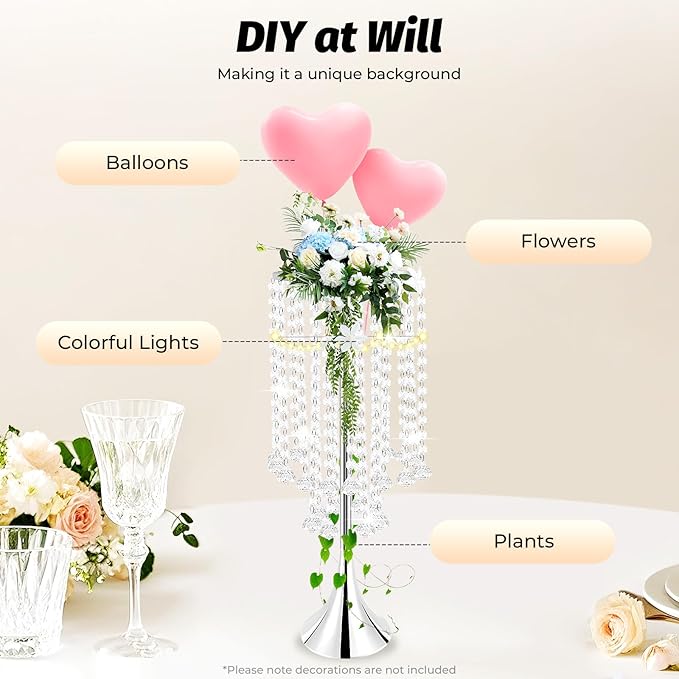 10 Pack Acrylic Crystal Flower Vases, Trumpet Shape Centerpiece with Hand-Strung Beads, Flower Stand Wedding Centerpieces on Floor for Wedding Aisle Decor, Event Centerpieces Decoration (Silver)