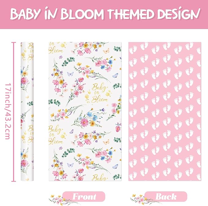 WERNNSAI Baby Wrapping Paper - 1 Roll 17 in x 16.4 ft Baby Shower Wrapping Paper Newborn Girls Gift Wrap Pink Reversible 1st Birthday Present Packing Decoration Foot Prints Design