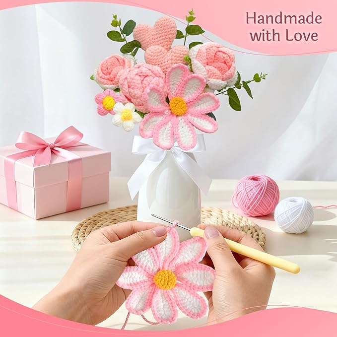 Crochet Flowers Bouquet with Lights,Handmade Knitted Roses Flowers, Gesang Flower, Crochet Heart, Crochet Gift for Wedding, Birthday, Anniversary, Mother’s Day for Her, Girlfriend, Wife, Women (Pink)