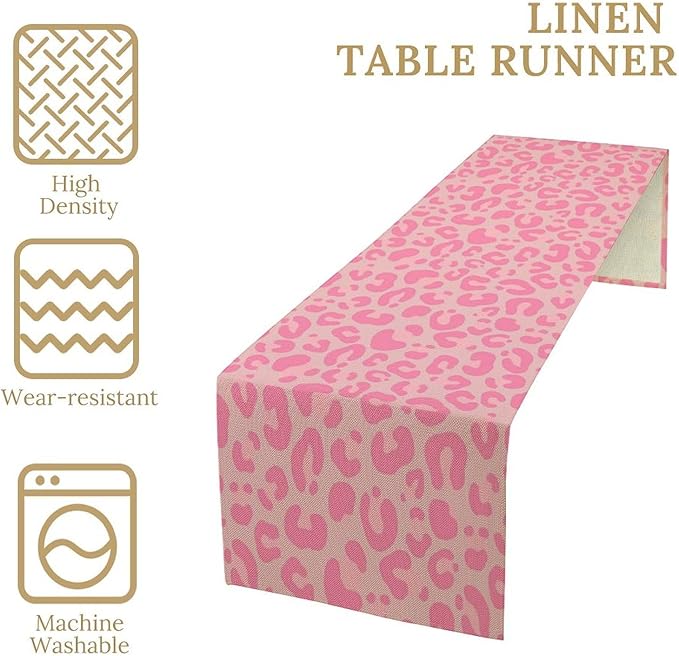 Pink Leopard Print Table Runner, Vintage Animal Skin Farmhouse Cottage Country Western Wildlife Safari Dinner Runner for Kitchen Dining Table Party Holiday Decor 13x120in
