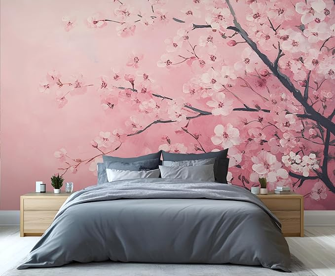 Pink Cherry Blossom Wall Mural, Romantic Cherry Blossom 3D Wall Murals, Japanese Flower Wallpaper Mural, for Living Room Bedroom Large Wallpaper Indoor Decor 177.16" W x120 H