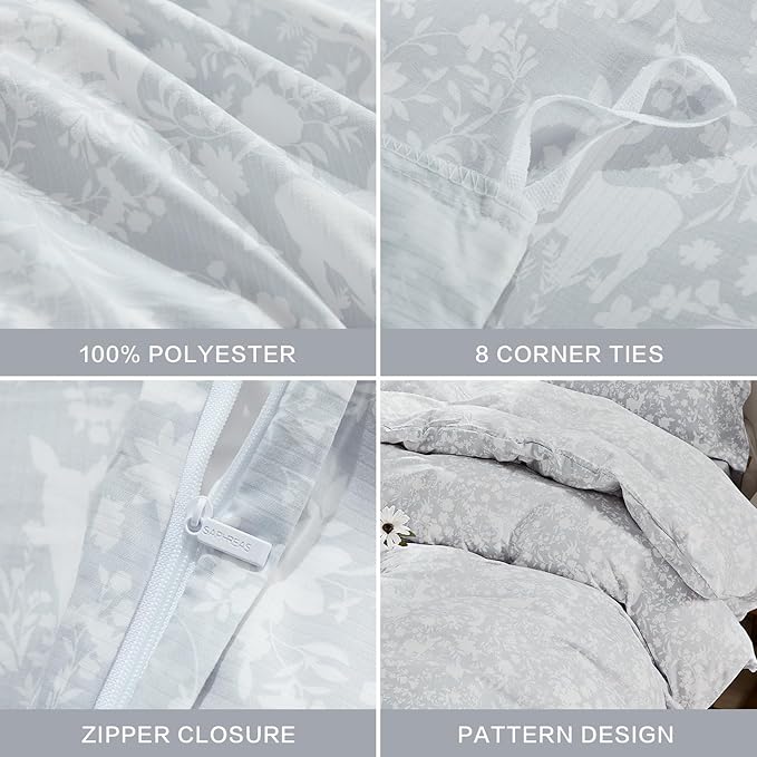SAPHREAS Silver Grey Duvet Cover Queen 3pcs Soft Microfiber Botanical Plants Printed Pattern Gray Comforter Cover Set with Zipper Ties 1 White Floral Animal Cover 2 Pillow Shams (No Duvet Insert)