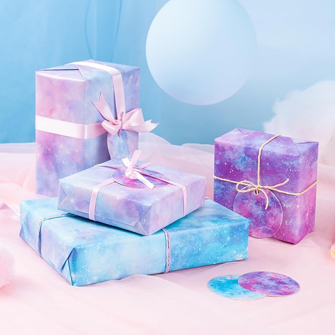 WRAPAHOLIC Wrapping Paper Sheet - 12 Sheets Folded Flat with 12 Gift Tags, Pink-Blue Gradient Design for Party, Baby Showers - 19.7 Inch X 27.5 Inch Per Sheet