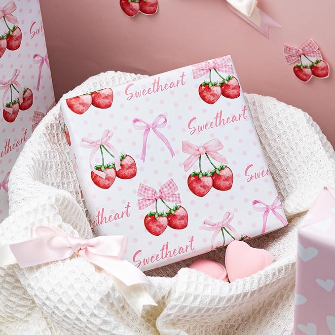 HOMERAL Pink Strawberry Wrapping Paper Roll - 17In x 32.8Ft Reversible Gift Wrap, Strawberry with Cherry-Stem and Bowknot for Girls Birthday, Wedding, Valentine’s Day, Baby Shower, Bridal Shower, Holiday, DIY Crafts