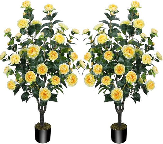 3.6FT Artificial Camellia Fake Tree, Artificial Plants & Flowers with 32 Yellow Flowers for Door Front Decoration Porch Patio Living Room Office Indoor Outdoor Decor (2PCS Contains Dried Moss)
