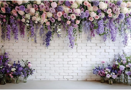 Baocicco Purple Floral Wall Backdrops 12x8ft Flowers White Brick Wall Backdrops for Photoshoot Valentine Day Decorations Anniversary Wedding Banner Supplies Birthday Baby Shower Photo Props