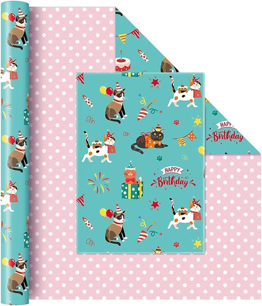 WERNNSAI Cat Birthday Wrapping Paper Roll - 1 Roll 17” X 33 ft Cat Gift Wrapping Paper Roll Girls Kids Birthday Green Pink Wrap Paper with Polka Dot Design for Gift Packing Supply