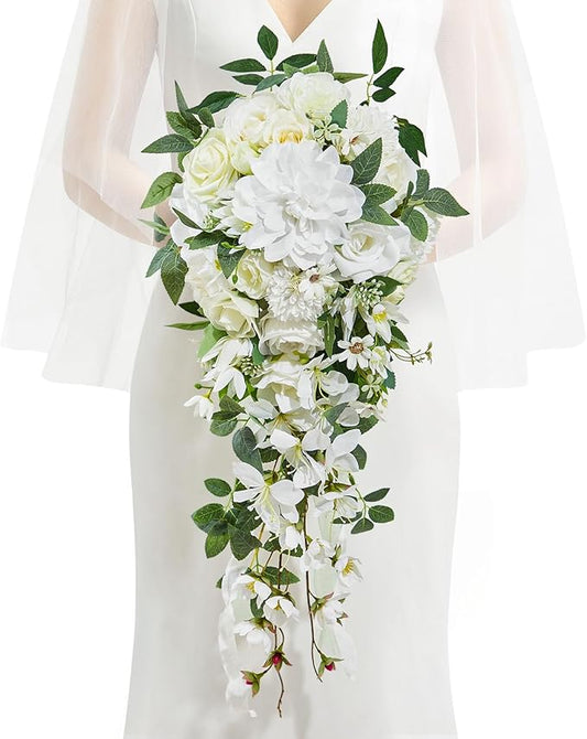 Serwalin 11Inch Bridal Bouquet White Green Wedding Bouquets for Bride Bridesmaid Artificial Wedding Flowers for Wedding Ceremony Anniversary