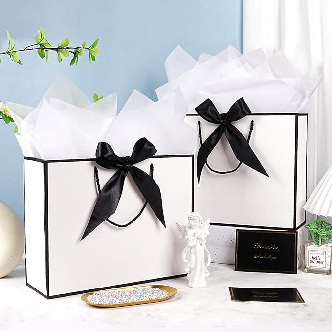 White Gift Bags 13 x 10 x 4’’, Portable Gift Bag Set with Tissue Paper and Greeting Cards, 2 PCS Gift Bags with Handles Ribbon for Women Men, Paper Present Bags for Birthday Party Wedding Christmas