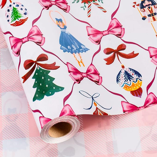 MAYPLUSS Christmas Wrapping Paper Roll - 17IN X 33FT - White Nutcracker Wrap Paper Featuring Christmas Tree Bell Bow Holly Candy Cane Reversible Plaid for Girl, Holiday, New Year