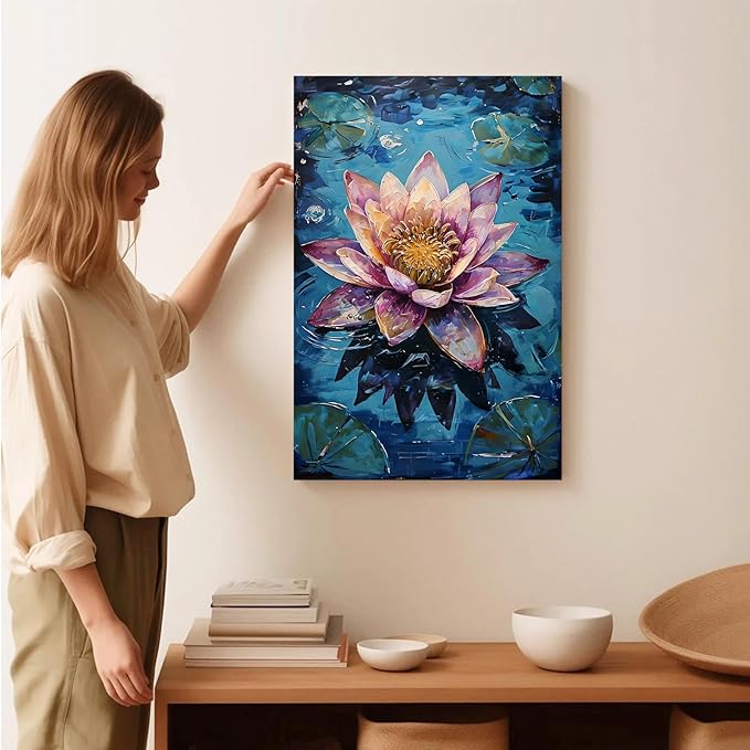 Gorgeous pink and purple water lilies on deep blue water Eye-catching oil painting Serene aquatic wall art for modern home decor 12x18in Wood Framed