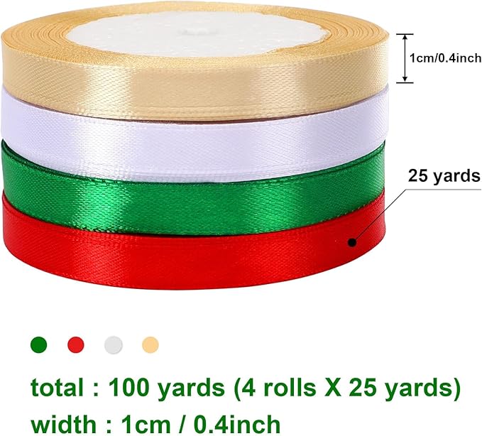 DECYOOL 4 Rolls 100 Yards Christmas Ribbons 10mm Wide Holiday Satin Ribbons Fabric for Gift Wrapping and DIY Craft, Red & Green & Gold &White