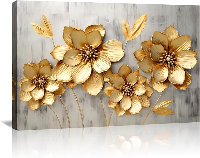 KPLUNDO Canvas Prints Wall Art Gold Flower Picture Gray Poster Landscape Painting Aesthetics Artwork Home Decor for Living Room Kitchens Decoration Gallery Wrap Ready to Hang(Art-2,20.00x30.00 inch)