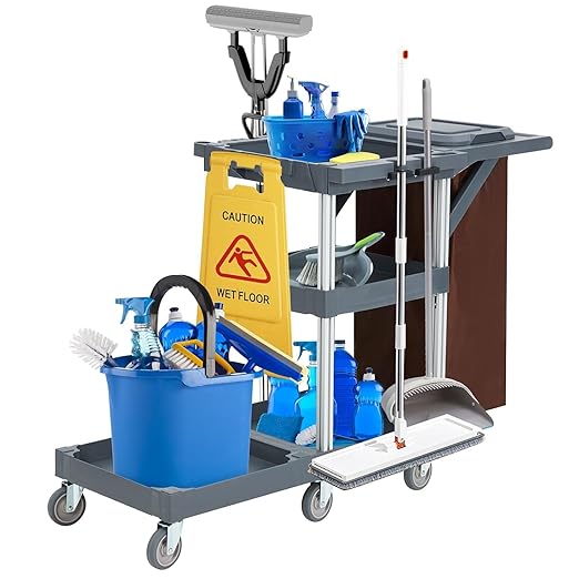 Commercial Housekeeping Utility Cart, Janitorial Cleaning Carts On Wheels, Janitorial Cart with Cover and Vinyl Bag, 3 Shelf Service Carts for Hotel/Stores/Restaurants/Hospitals/Schools/Business