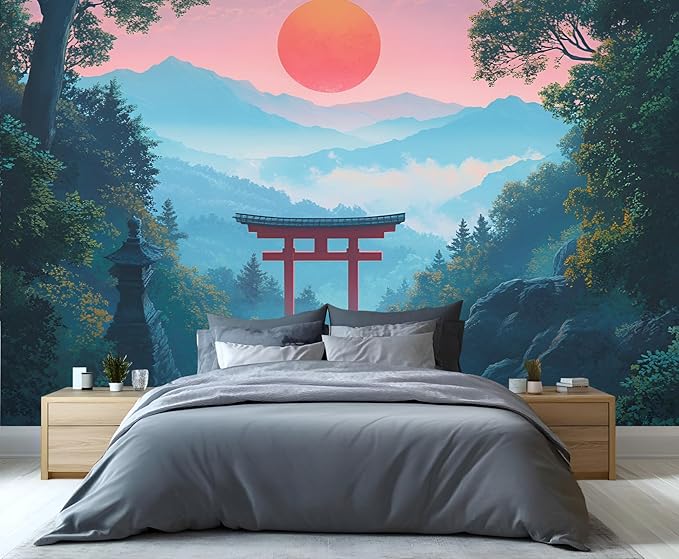 KIREUPA Japanese Torii Gate Wall Mural, Sunrise Mountain Landscape 3d Wall Murals, Zen Nature Art Wallpaper Mural, for Living Room Bedroom Large Wallpaper Indoor Decor 118" W x 82.6 "H