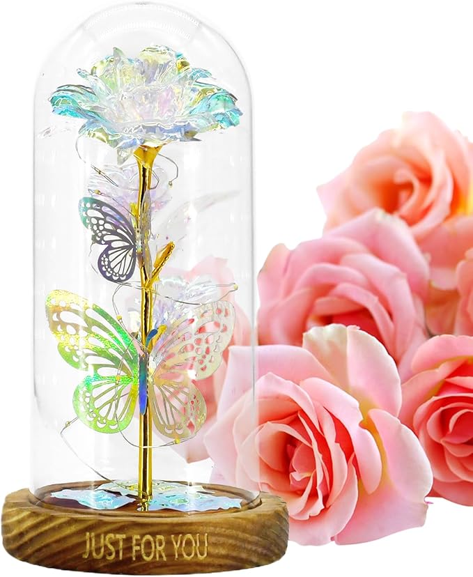 Artificial Glass Flowers, Encourages Romantic Gestures, 11.5x11.5x22cm, Wedding Decoration Dome, Rose Dome Centerpiece, LED Illuminated Design, for Holiday Birthday Mother’s Day Wedding Women